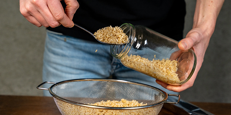 Llena unos frascos de vidrio o bolsas para micelio con el grano que prefieras