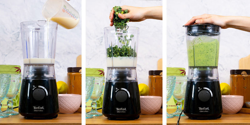Añade la leche (o bebida vegetal) y la col kale a la batidora y tritura hasta mezclar.