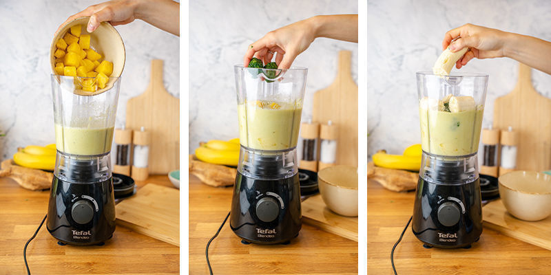 Añade las espinacas congeladas, la piña y el plátano a la mezcla y bátelo todo hasta que quede cremoso.