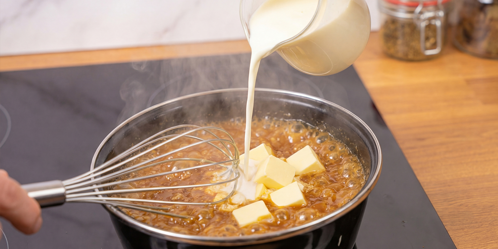 Añade la nata y la mantequilla normal