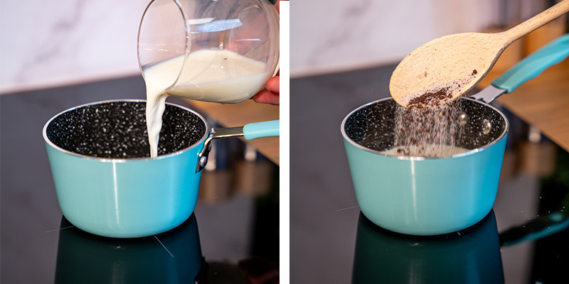 Para preparar la bebida, calienta 240ml de leche (por taza) en una olla o en el microondas.